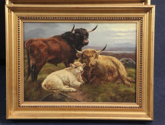 Robert Watson (fl.1877-1920) Highland cattle and sheep in landscapes 9.5 x 13.5in.